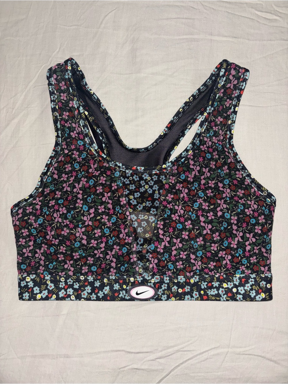 Nike Dri-Fit Black Floral Racerback Sports Bra with Pink & Blue Accents